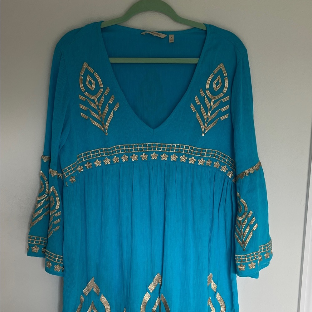 Turquoise Embroidered V-Neck Women's Top